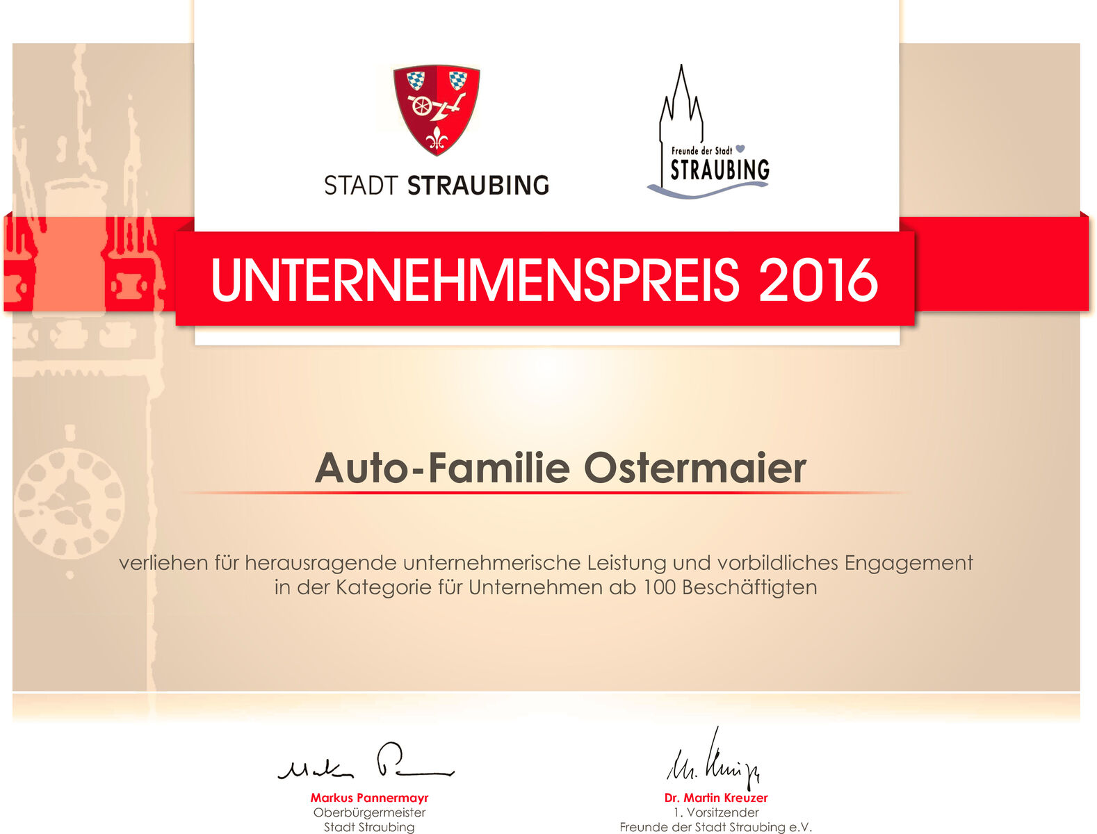 Ostermaier_Urkunde Unternehmenspreis 2016