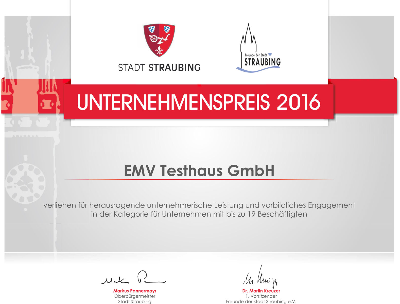 EMV Testhaus_Urkunde Unternehmenspreis 2016