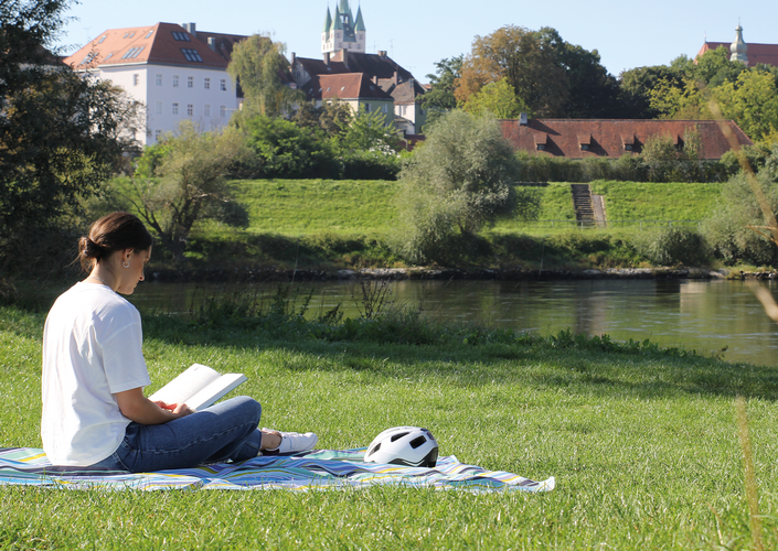 Junge Frau liest ein Buch im Grünen mit Blick auf die Donau